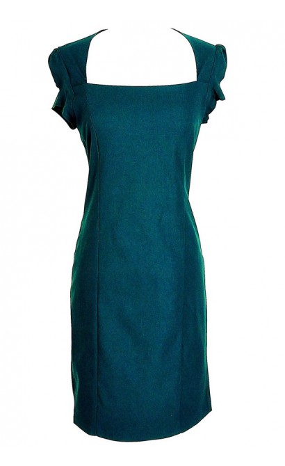 Square Neck Modest Pencil Dress in Teal
